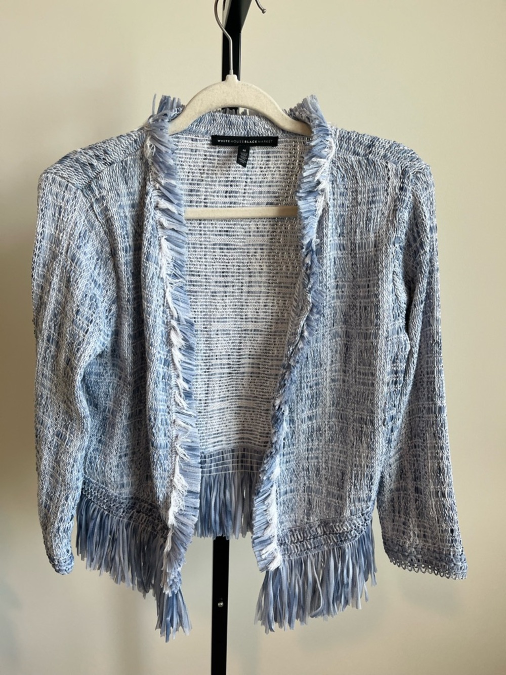 White House Black Market Blue Fringe Cardigan Open Front Tweed Jacket Size M - Picture 4 of 12